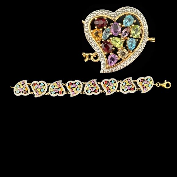 Multi Gemstone Gold Vermeil 925 Sterling Silver Heart Bracelet Filigree Colorful